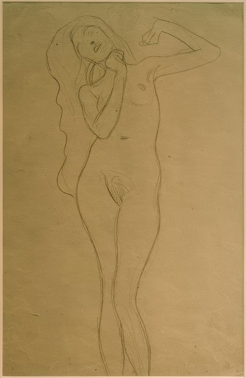 Stående kvinnelig naken med armene hevet (studie) av Gustav Klimt