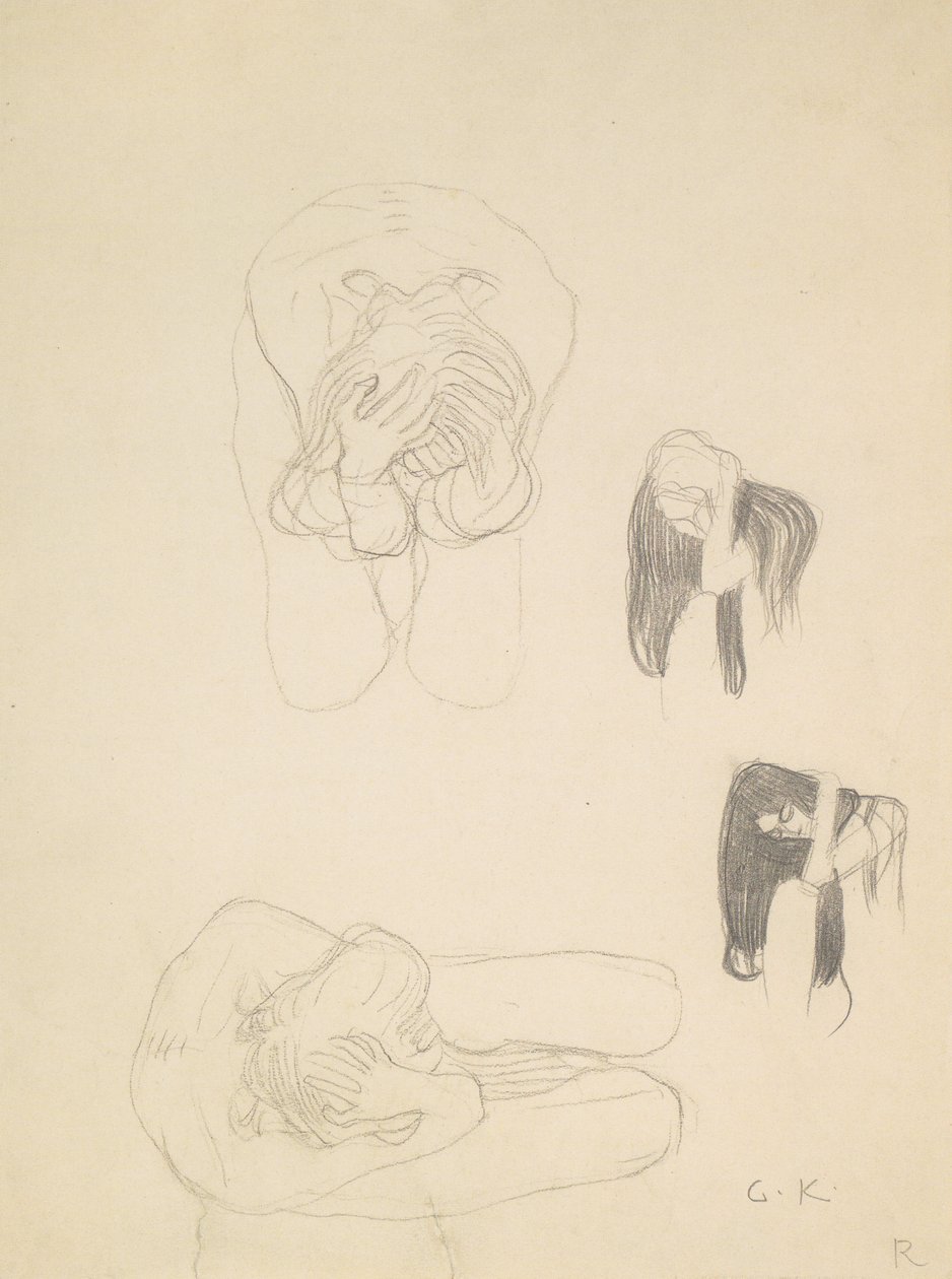 To hukende nakenbilder og to profilstudier til venstre av Gustav Klimt