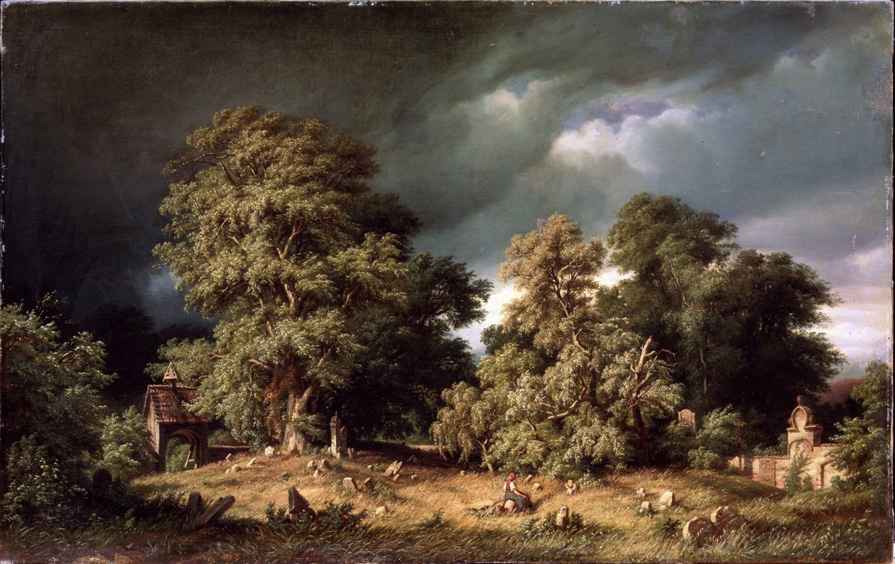 Den gamle kirkegården. En kvinne sitter alene på en bortgjemt kirkegård på landet mens himmelen fylles med mørke skyer. Maleri av Gustav Paul Closs (1840-1870), olje på lerret, ca 1865. Tysk kunst, 1800-talls landskap. MR. av Gustav Adolf Closs