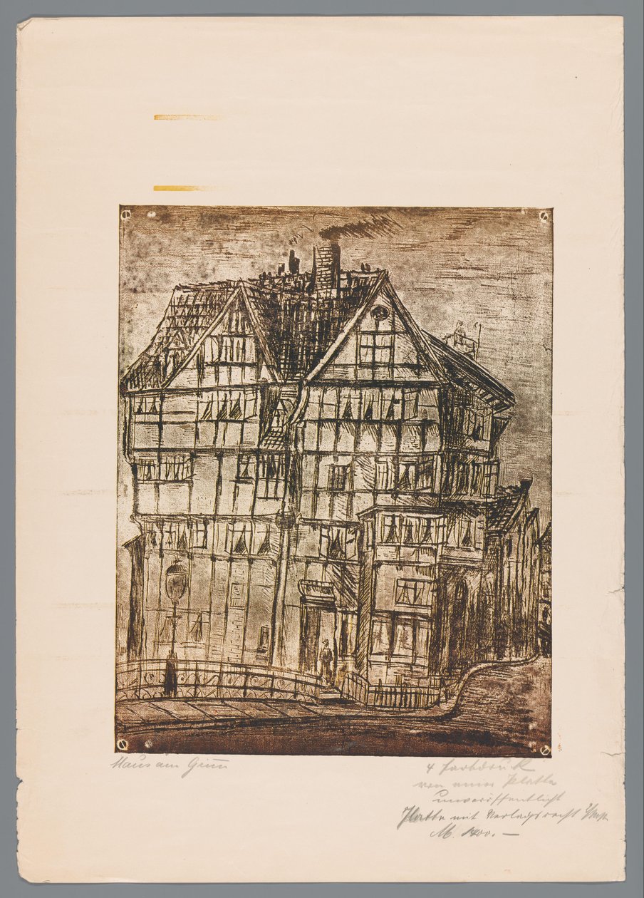 Reproduksjon av et trykk eller tegning med utsikt over et gammelt hus, muligens i Greiz i Tyskland av Gustav Digel (signed by artist)