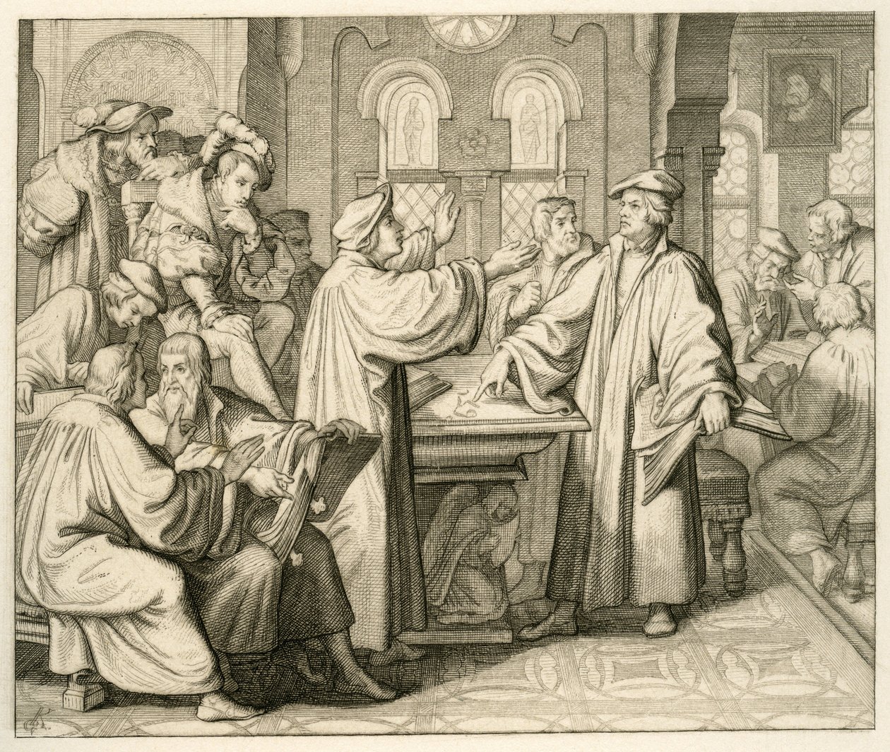 Luther og Ulrich Zwingli (1494-1531) diskuterer om nadverden og de har ingen avtale, i Marburg 1529 av Gustav Ferdinand Leopold Konig
