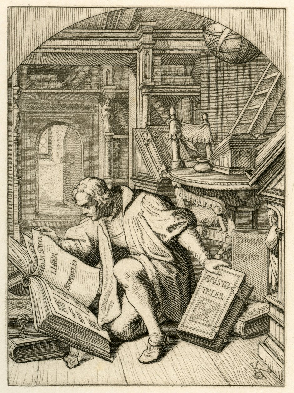 Luther leser i universitetsbiblioteket i Erfurt. Han fant en latinsk bibel av Gustav Ferdinand Leopold Konig