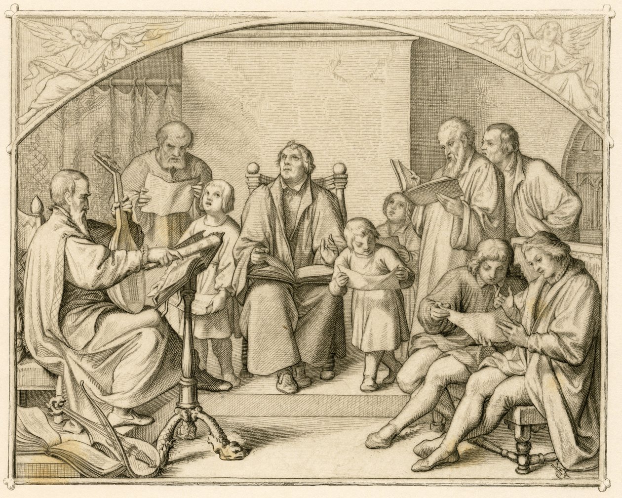 Luthers introduksjon av tyske protestantiske religiøse salmer sammen med hans barn og venner under ledelse av Johannes Walther (1496-1570) av Gustav Ferdinand Leopold Konig