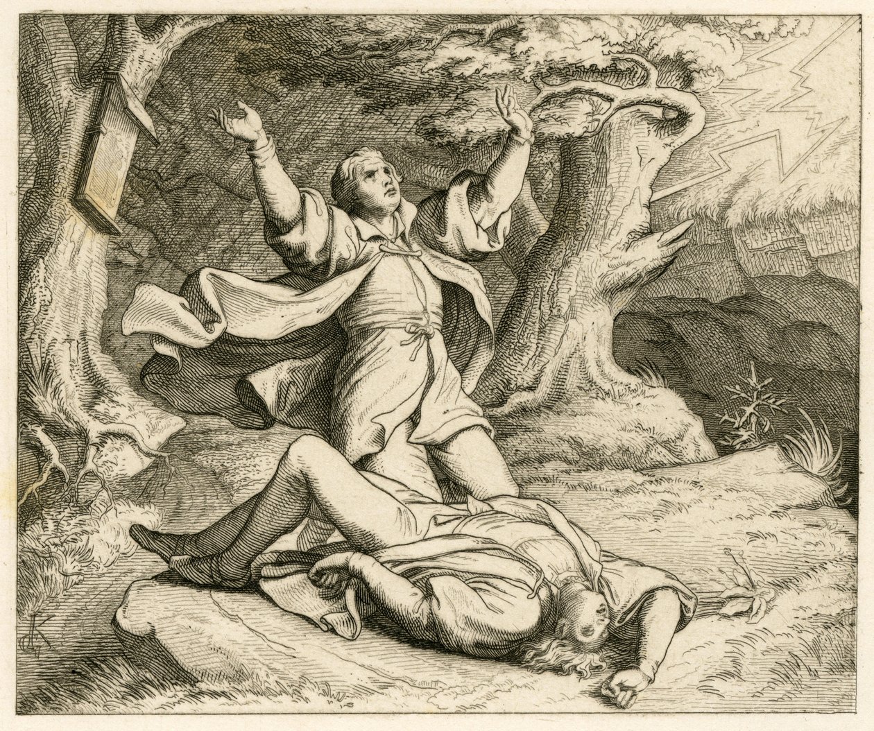 Martin Luther og vennen hans Alexis (kanskje det var navnet hans) dro på tur og det kom et tordenvær. Alexis ble truffet av lynet og han døde av Gustav Ferdinand Leopold Konig