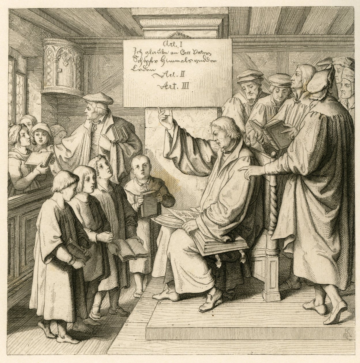 Martin Luther på skolen med mange barn, fordi religionstimene er veldig viktige for ham, til høyre noen lærere av Gustav Ferdinand Leopold Konig