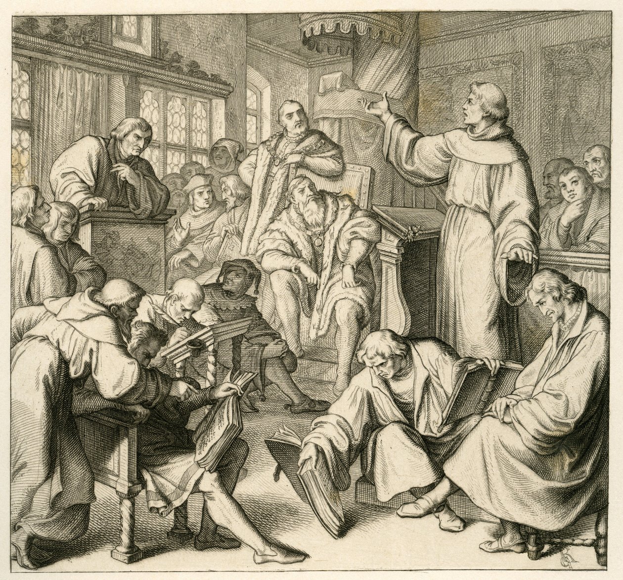 Martin Luther i diskusjon med Dr. Johannes Eck (Johann Maier von Eck) (1486-1543), på siden av Luther er det Philipp Melanchthon (1497-1560) og Karlstadt (Andreas Rudolf Bodenstein von Karlstadt av Gustav Ferdinand Leopold Konig