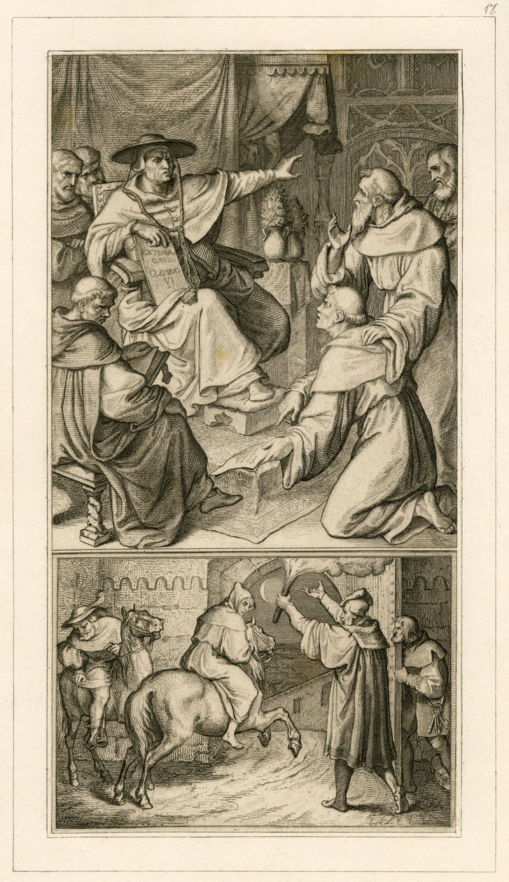 Martin Luther i diskusjon med kardinal Cajetan, Luther må tilbakekalle hans skrifter, ved siden av ham hans venn Staupitz av Gustav Ferdinand Leopold Konig