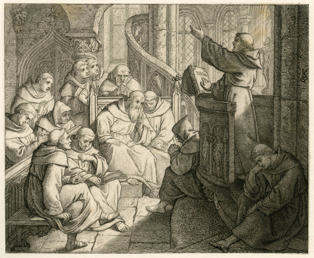 Martin Luther forkynner i klosteret, foran Staupitz, hans farsvenn av Gustav Ferdinand Leopold Konig