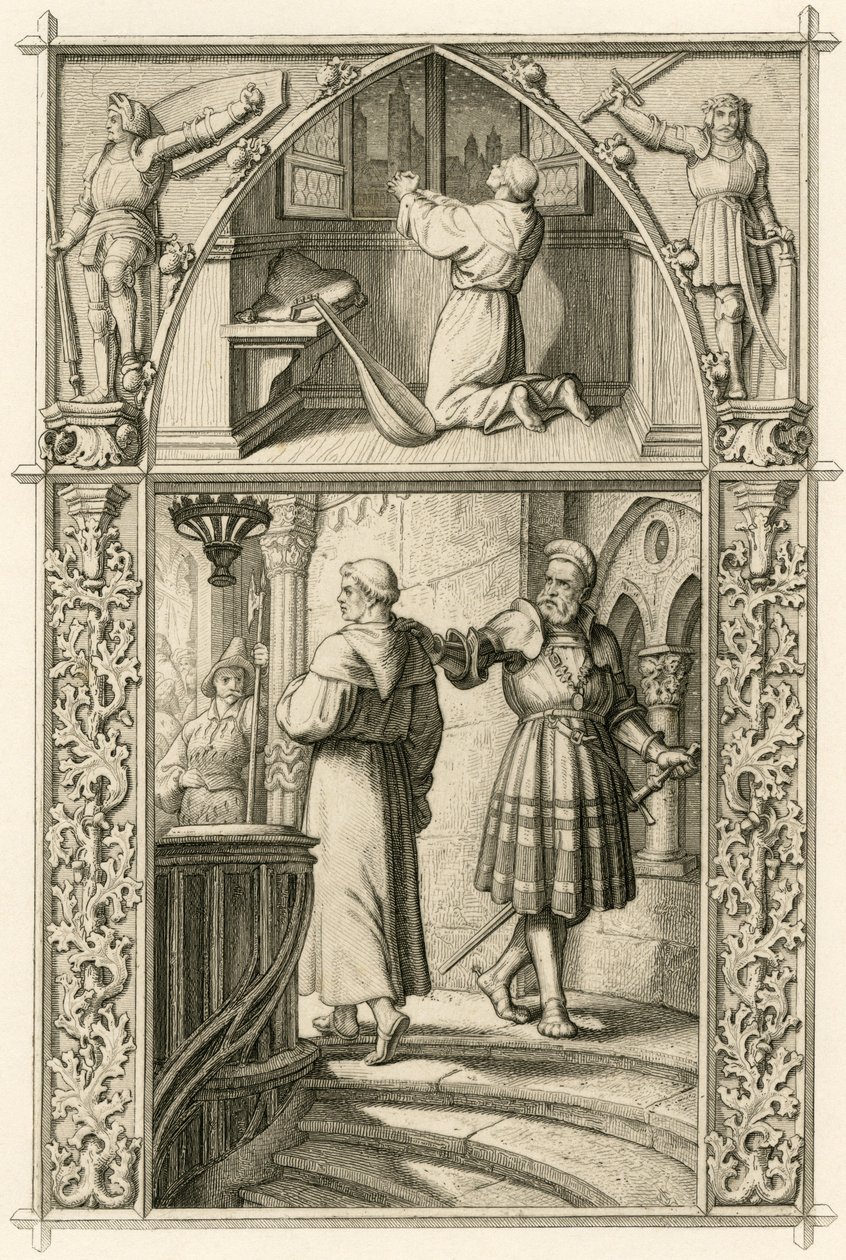 Martin Luther forbereder seg ved en bønn til møtet med keiseren (bildet over); hovedbilde : Luther møter ridderen George (Georg) von Frundsberg (Jorg von Fronsberg, Freundsbergin av Gustav Ferdinand Leopold Konig