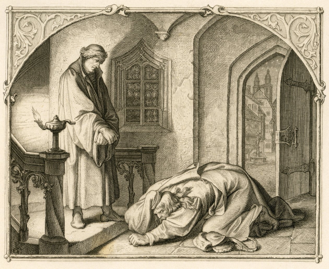 Martin Luther sammen med røveren Hans Kohlhase (1500-1540) av Gustav Ferdinand Leopold Konig