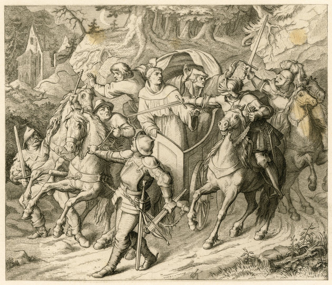 Kidnappingen av Martin Luther på hjemreisen - 1521 - av Hauptmann von Berlepsch og Burkhard Hund, fordi det var oksen av ekskommunikasjon av paven og keiserens fredløshet av Gustav Ferdinand Leopold Konig