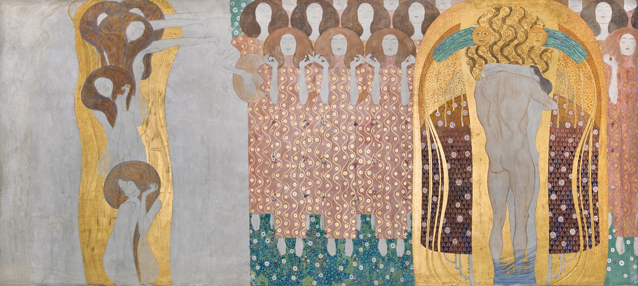 Beethoven Frieze: The Arts, Paradise Choir and Embrace - Plate 8, høyre langvegg av Gustav Klimt