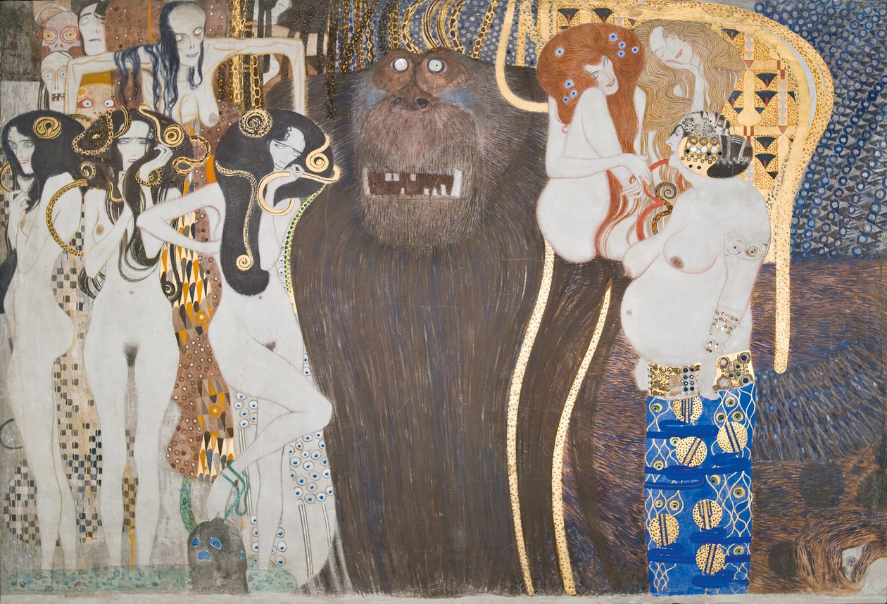 Beethoven Frise: De fiendtlige kreftene - panel 1, frontvegg av Gustav Klimt