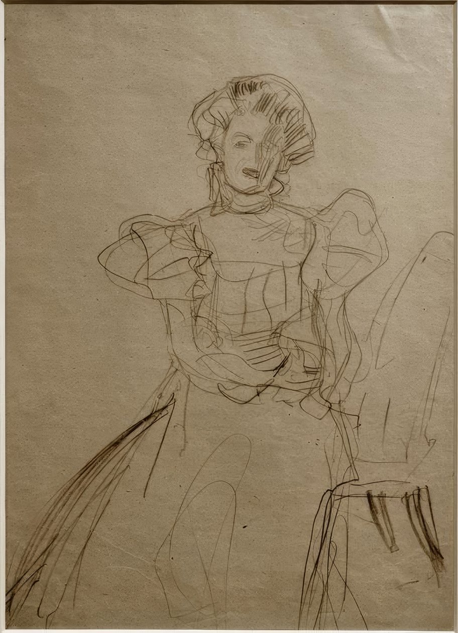 Portrett av Sonja Knips - Sitter i en stol forfra av Gustav Klimt