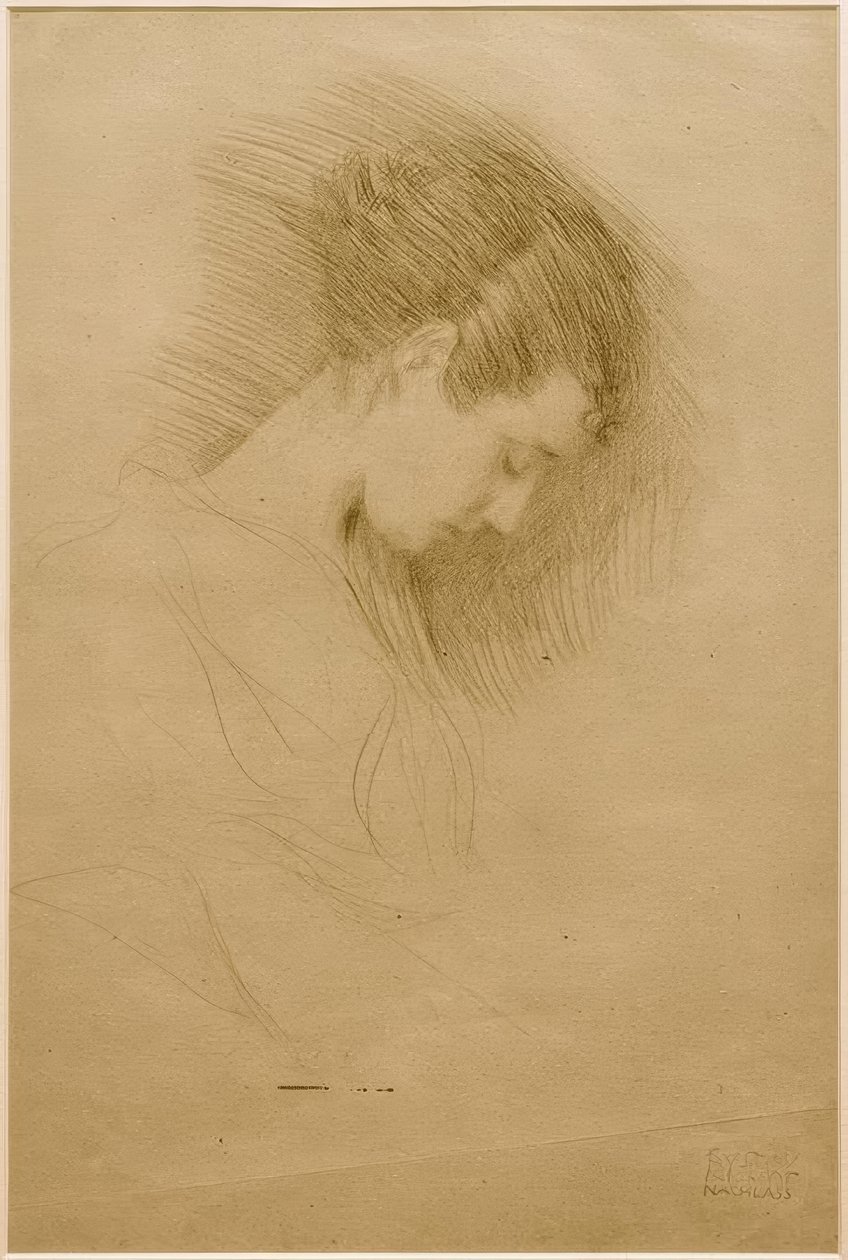 Halvlengde portrett av en jente med hodet bøyd til høyre av Gustav Klimt