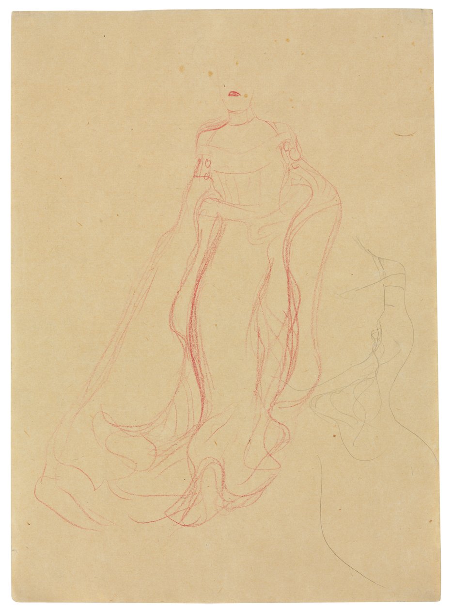 Kostymestudie med hender knyttet sammen, repetisjon av høyre side, ca. 1903-04 (farget voksstift og blyant på buff-papir) av Gustav Klimt