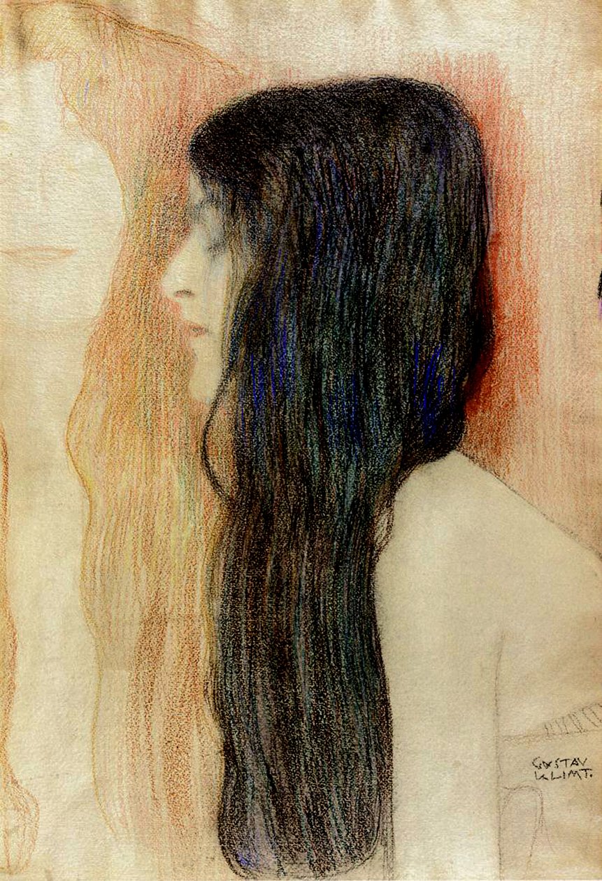 Jente med langt hår, 1898-99 (pastell på papir) av Gustav Klimt