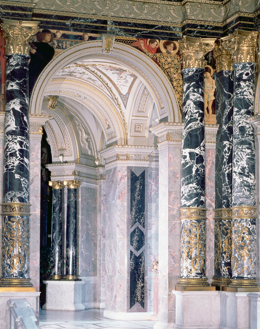 Interiør av Kunsthistorisches Museum i Wien, detalj som viser buegang og spandrel-dekorasjonen av figurer som viser den italienske renessansen, 189091 (veggmaleri) av Gustav Klimt