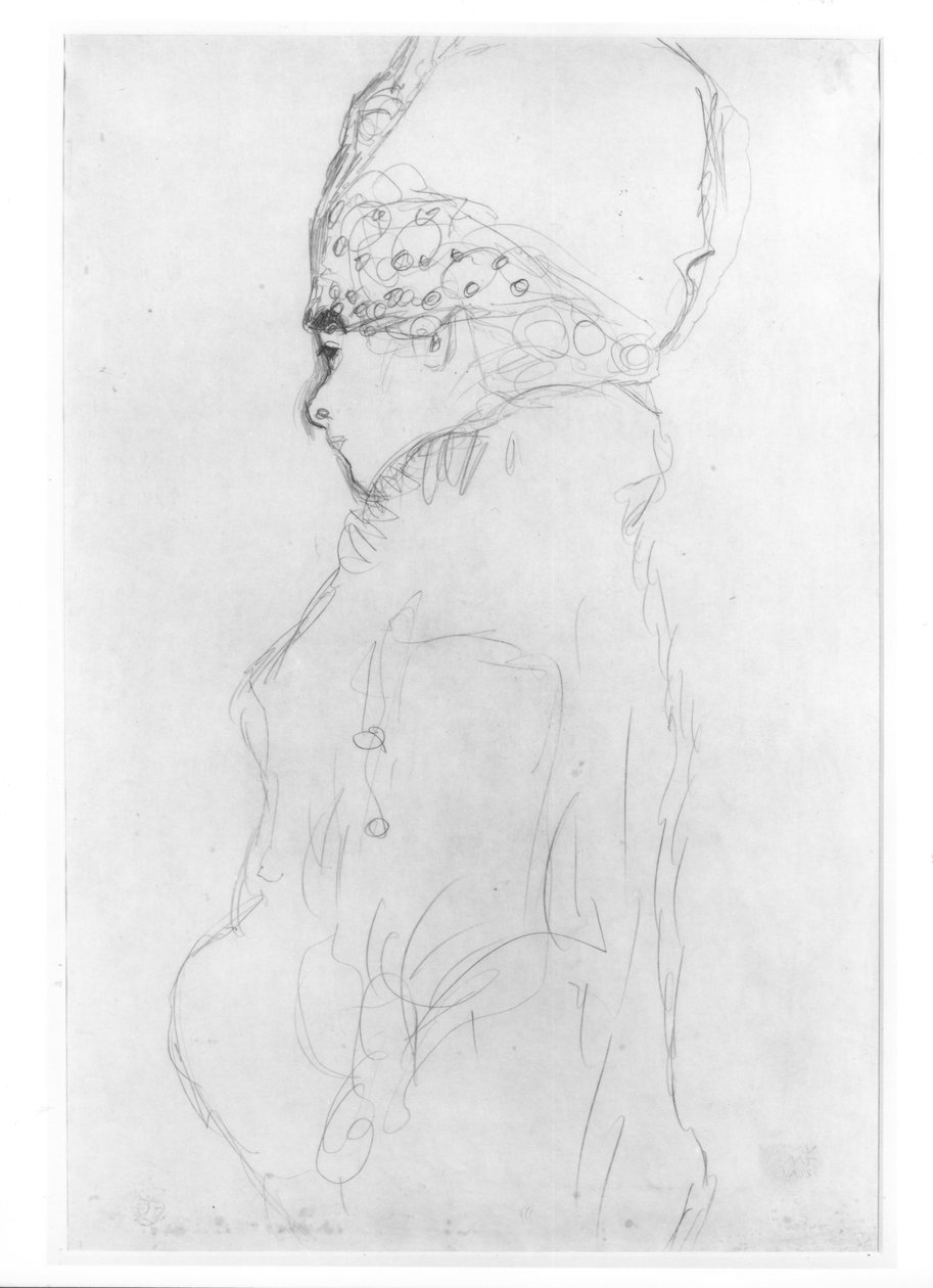 Dame med en høy hatt, ca. 1917, av Gustav Klimt