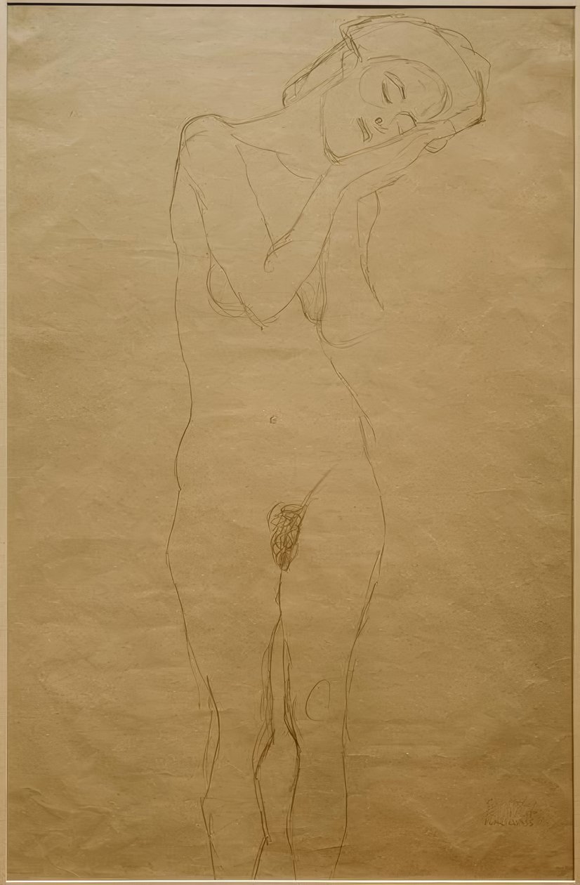 Naken forfra, hendene på kinnet av Gustav Klimt
