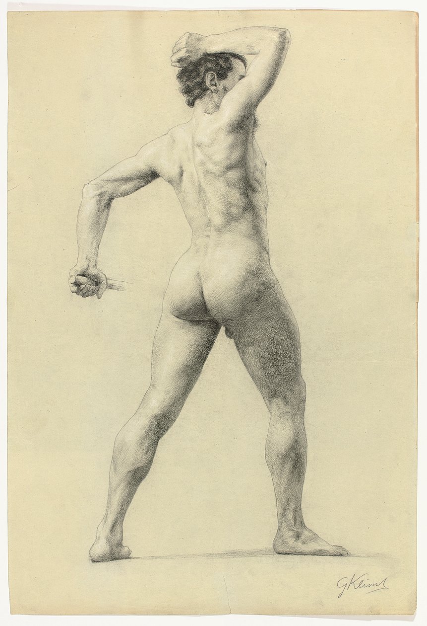 Mannlig nakenbilde sett bakfra, ca. 1880 (blyant forhøyet med hvitt kritt på papir) av Gustav Klimt