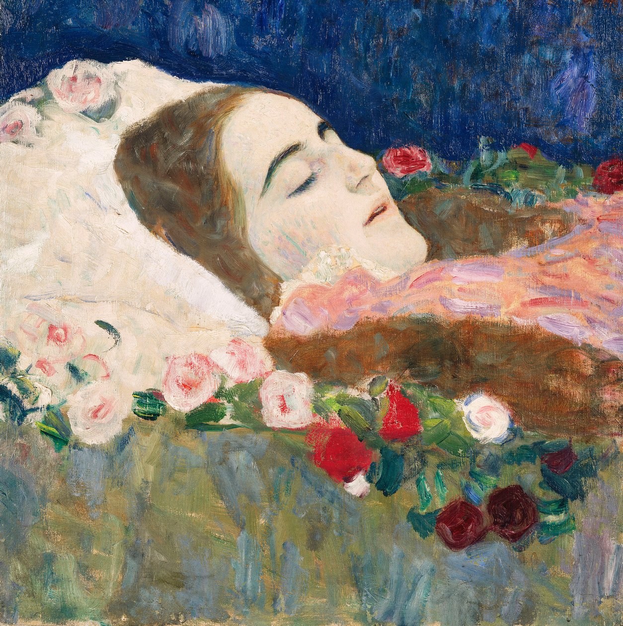 Frøken Ria Munk på dødsleiet; Fraulein Ria Munk på dødsleiet, ca.1910 av Gustav Klimt