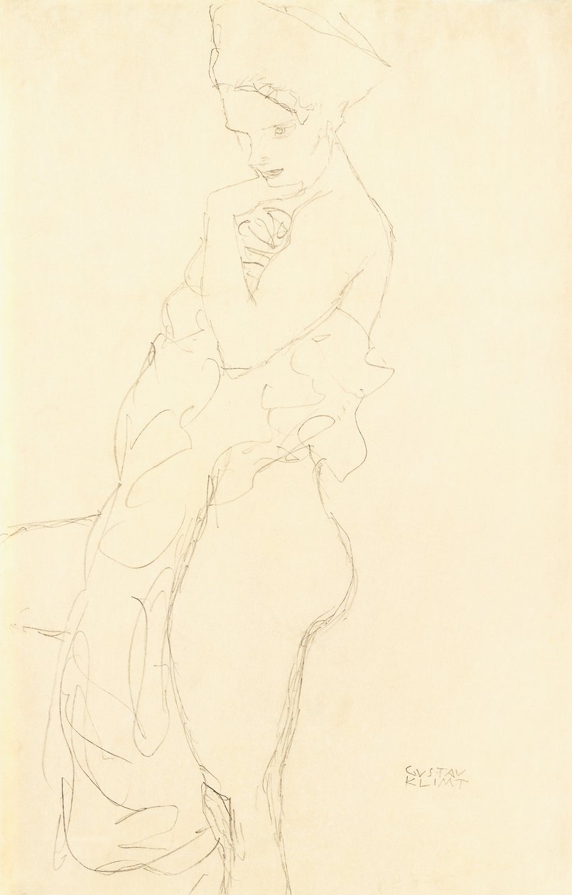 Naken Stående til venstre og holder et håndkle mot kroppen, 1917 av Gustav Klimt