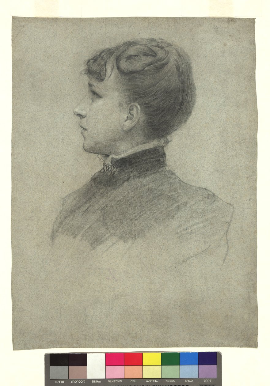 Portrett av Gustav Klimts søster Hermine i profil mot venstre av Gustav Klimt