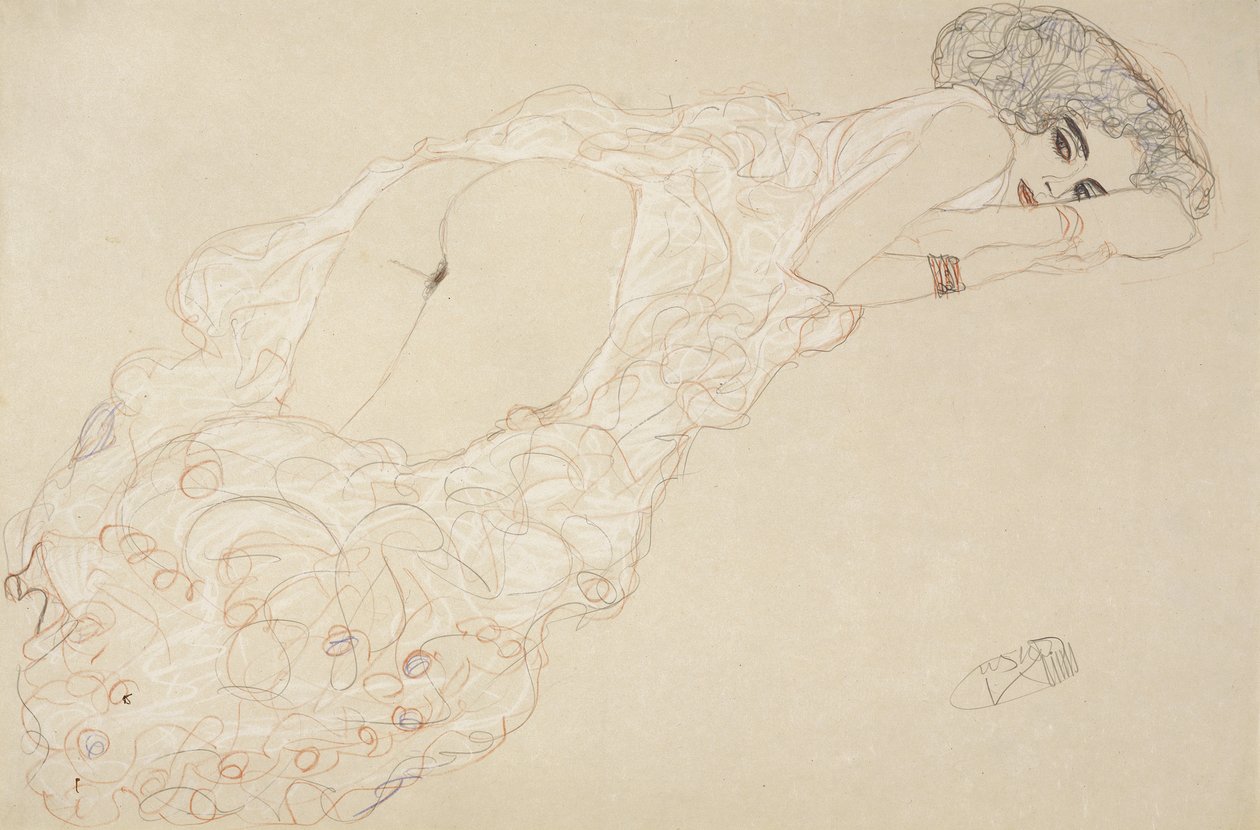Liggende naken liggende på magen og vendt mot høyre av Gustav Klimt