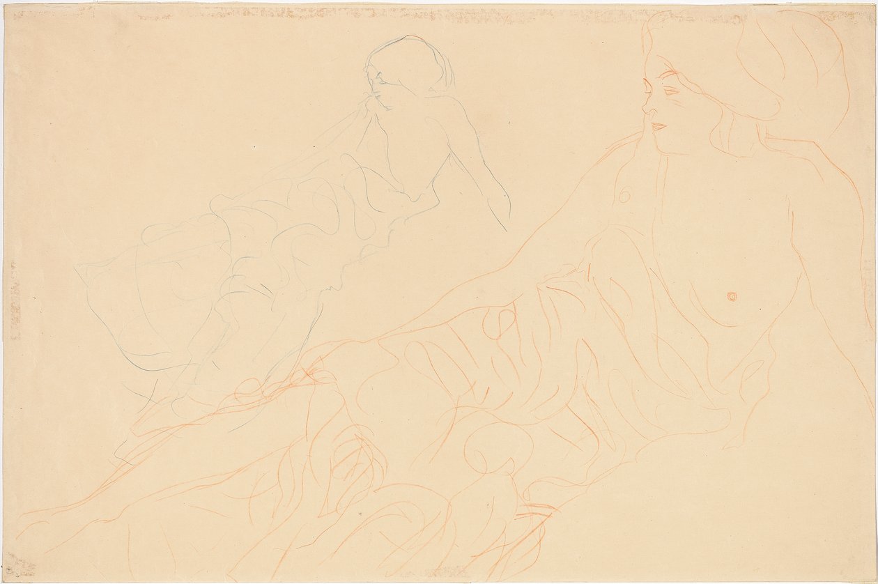 liggende nakenbilder; Støttet liggende figur, repetisjon til venstre, 1913 av Gustav Klimt