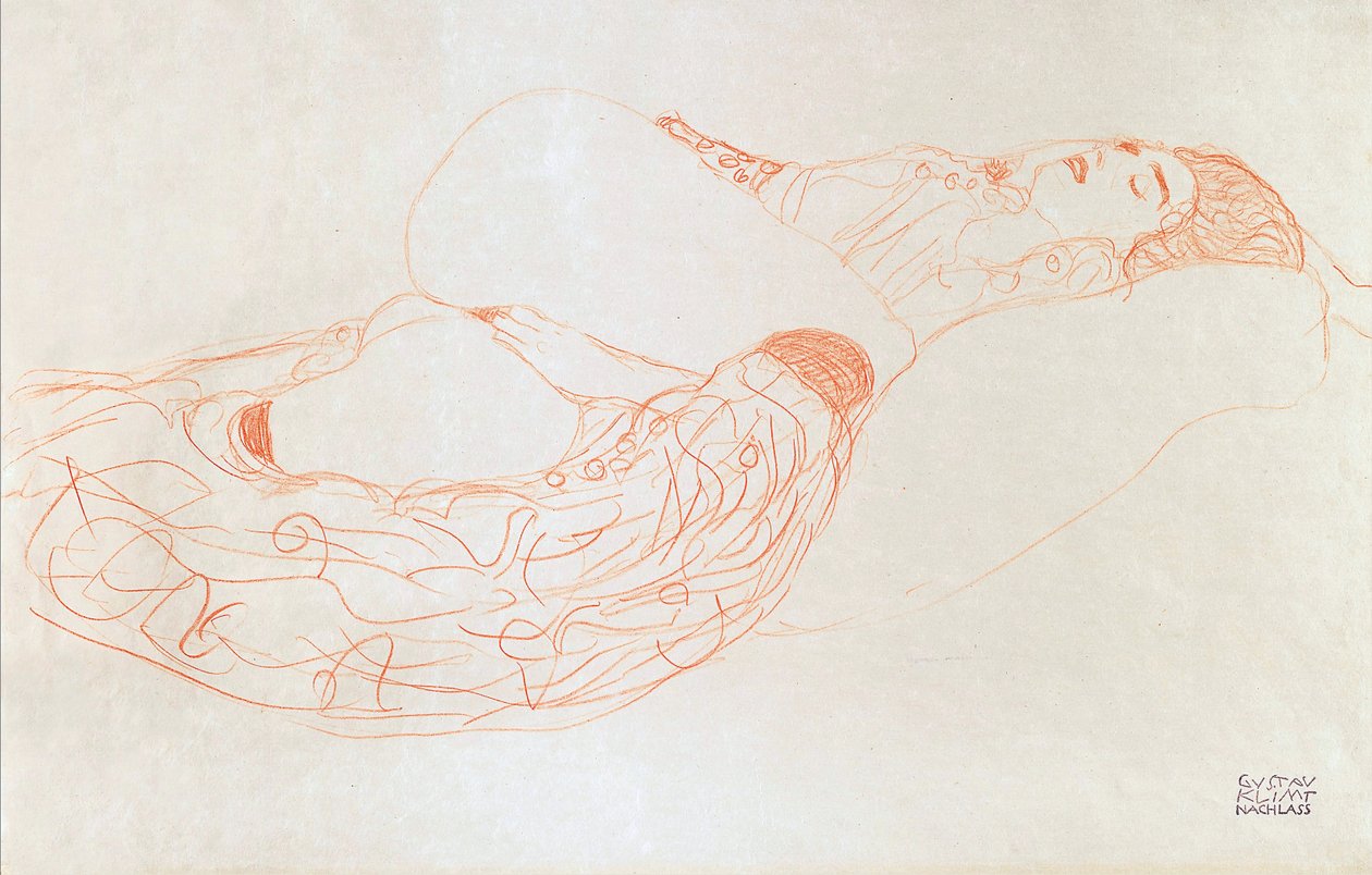 Liggende halvnaken (onanerer), 1912-13 (sangvinsk på papir) av Gustav Klimt
