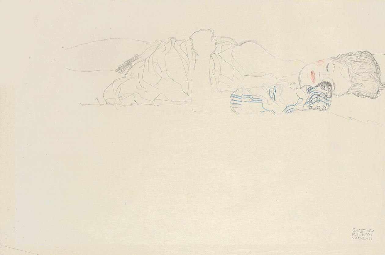 Tilbakelent halvnaken til høyre, ca. 1914-15 av Gustav Klimt