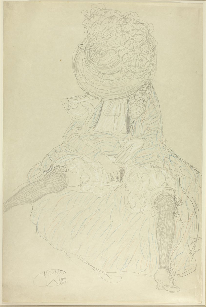 Sittende kvinne forfra med hatt, ansiktshette av Gustav Klimt