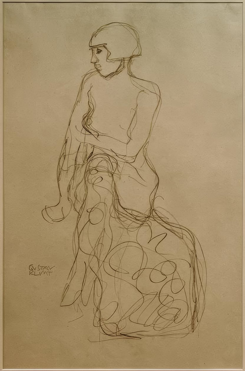 Sitter halvakt til venstre av Gustav Klimt