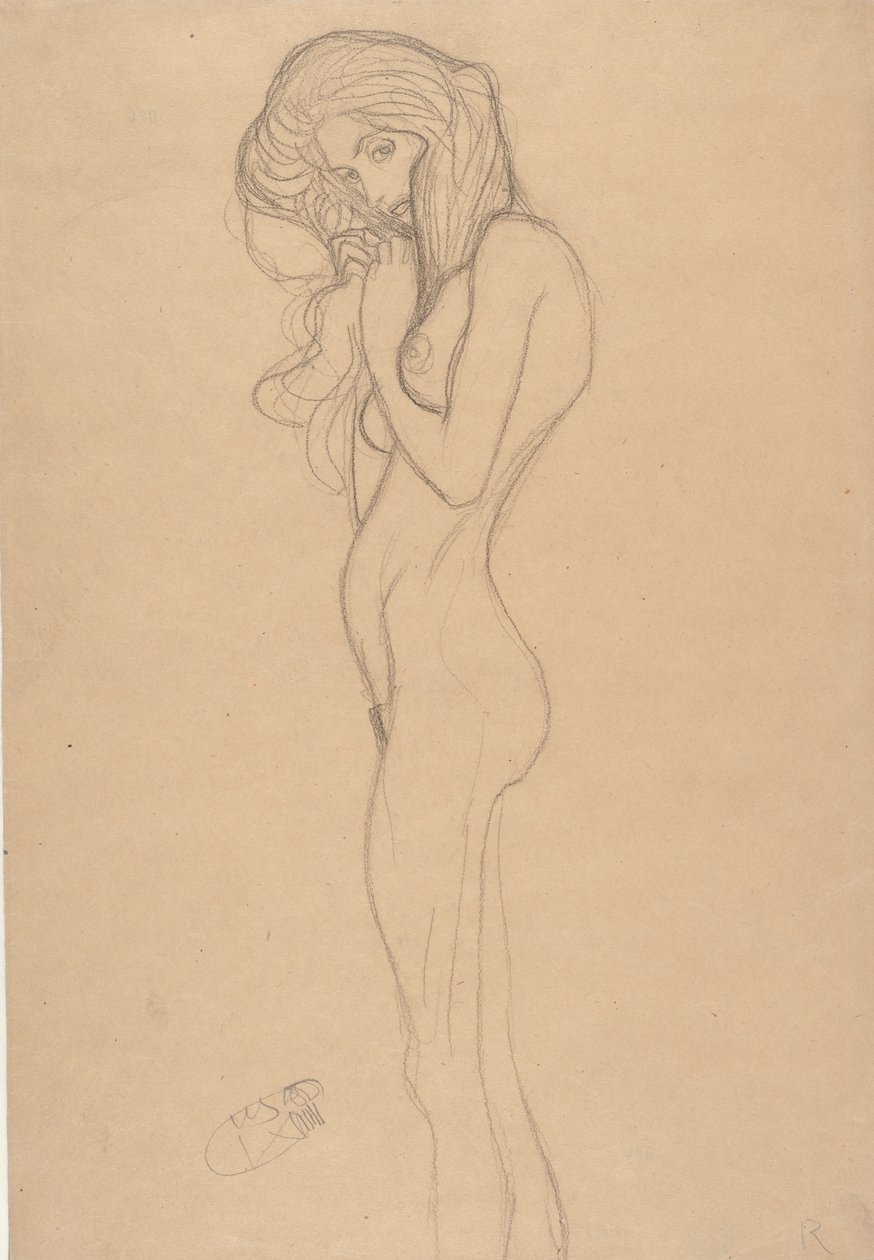 Stående kvinnelig nakenstudie for Beethoven-frisen, 1901. av Gustav Klimt