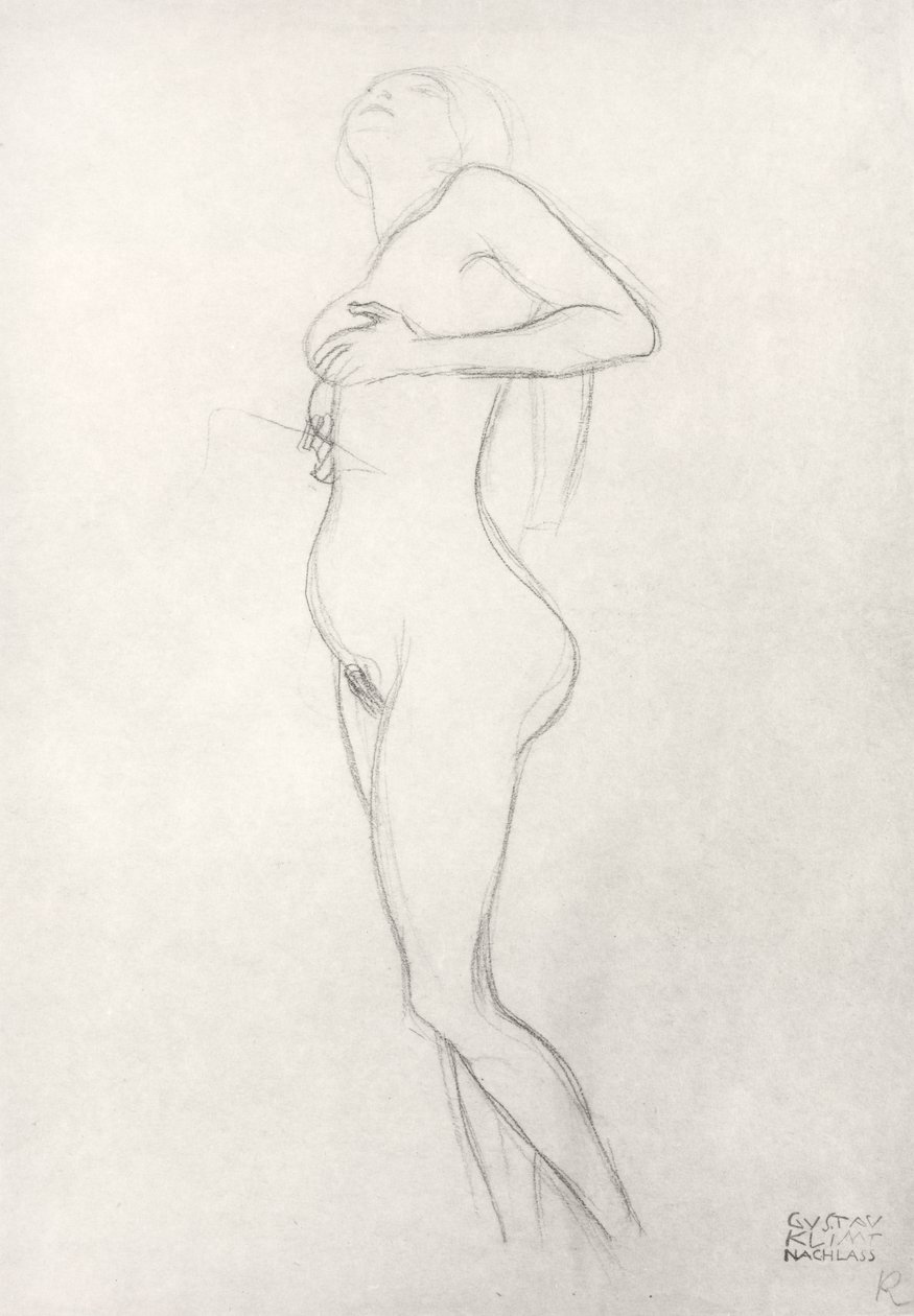 Stående naken jente ser opp av Gustav Klimt