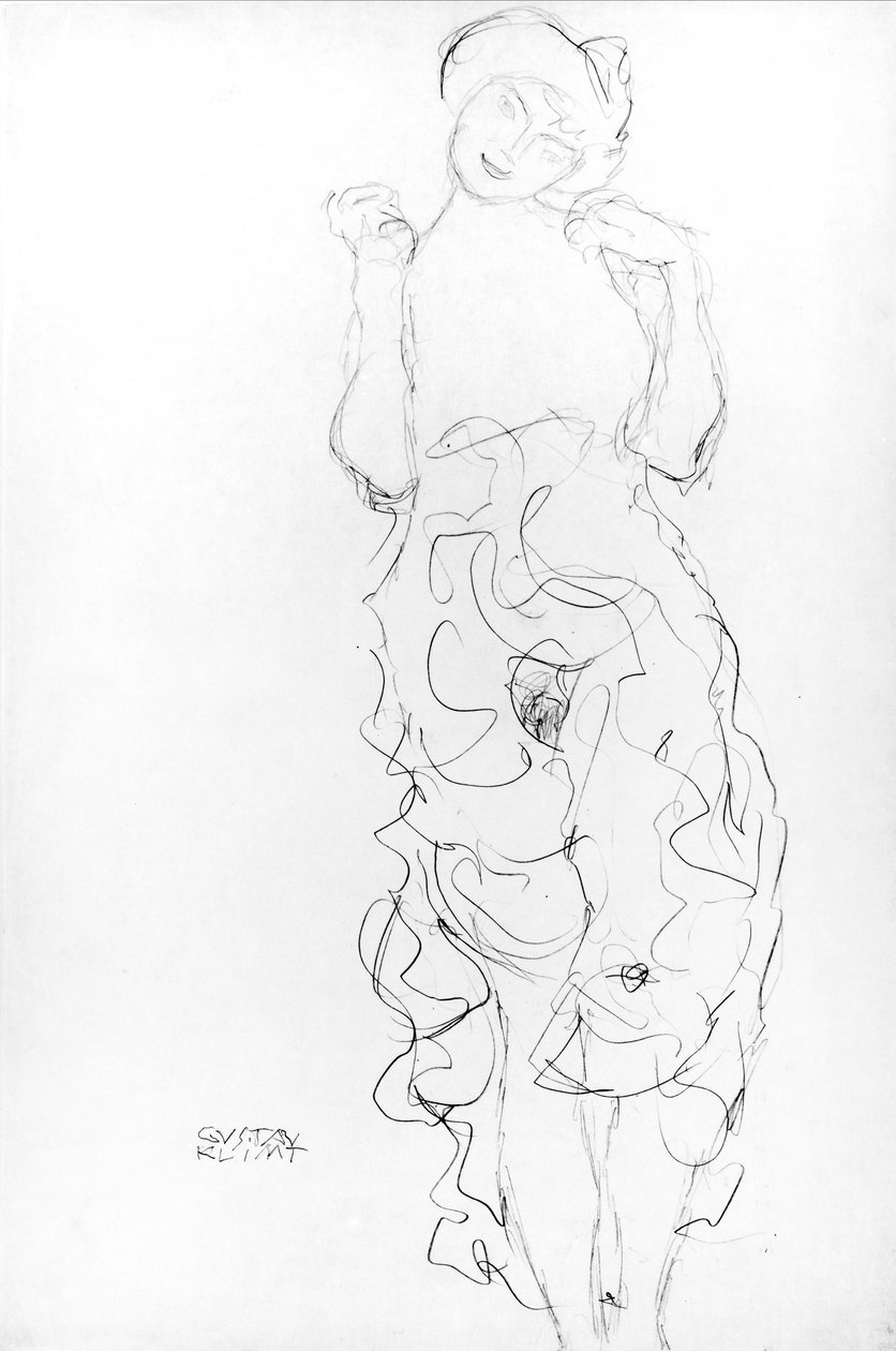 Stående naken med armene hevet, ca. 1917/18 (blyant på papir) (s/hvitt foto) av Gustav Klimt
