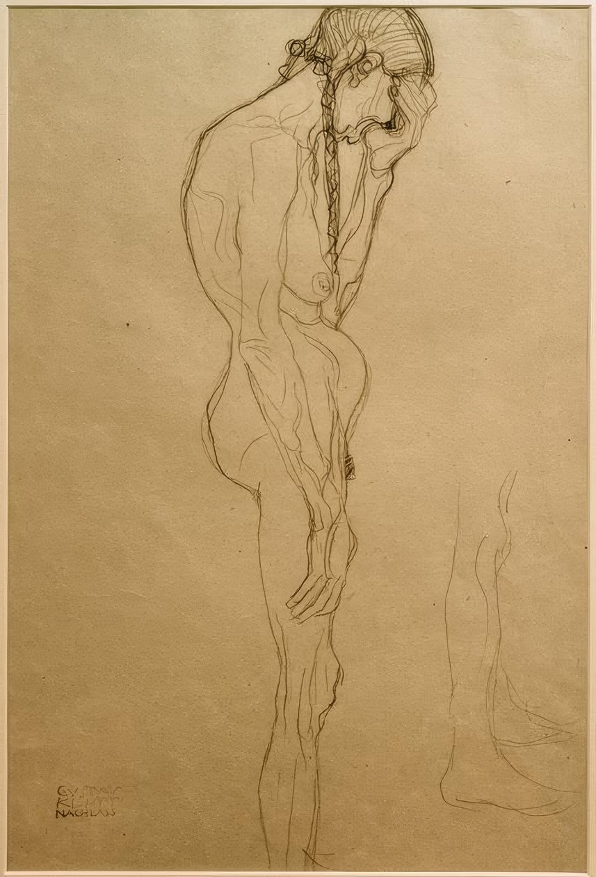 Stående kjerring i profil til høyre, benstudie av Gustav Klimt