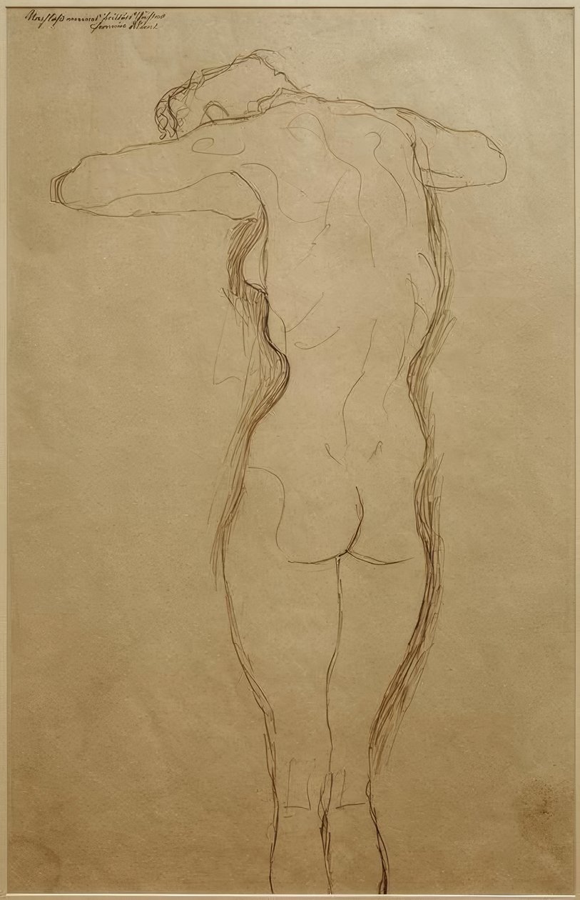 Stående naken fra ryggen, armene bøyd horisontalt (studie) av Gustav Klimt
