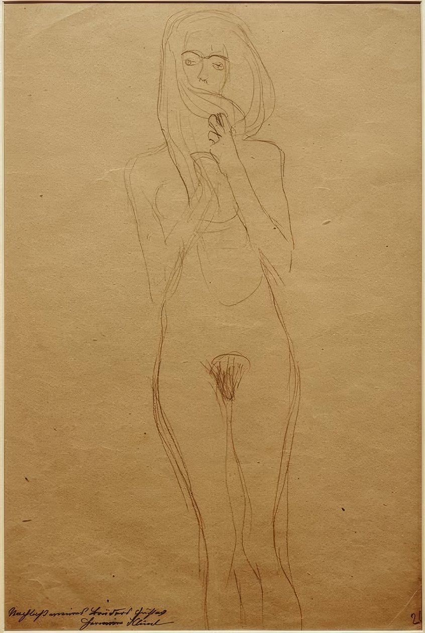 Stående naken kvinne med munnen dekket av hår av Gustav Klimt