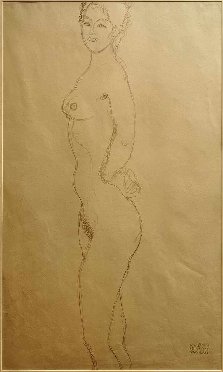 Stående kvinnelig naken til venstre, levere inn ... av Gustav Klimt