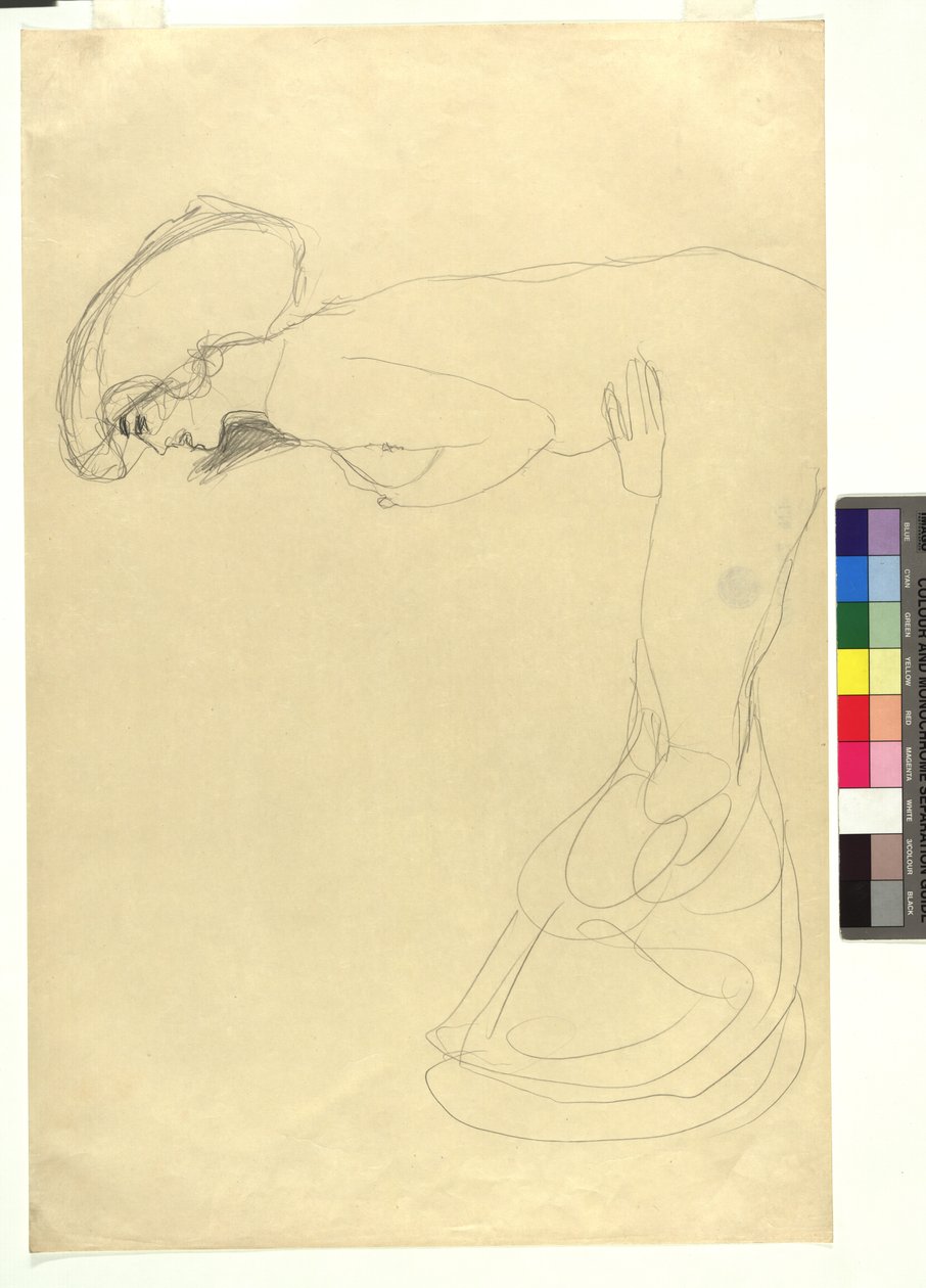 Studie zu einer nach vorne gebeugten weiblichen Gestalt im Profil nach links av Gustav Klimt