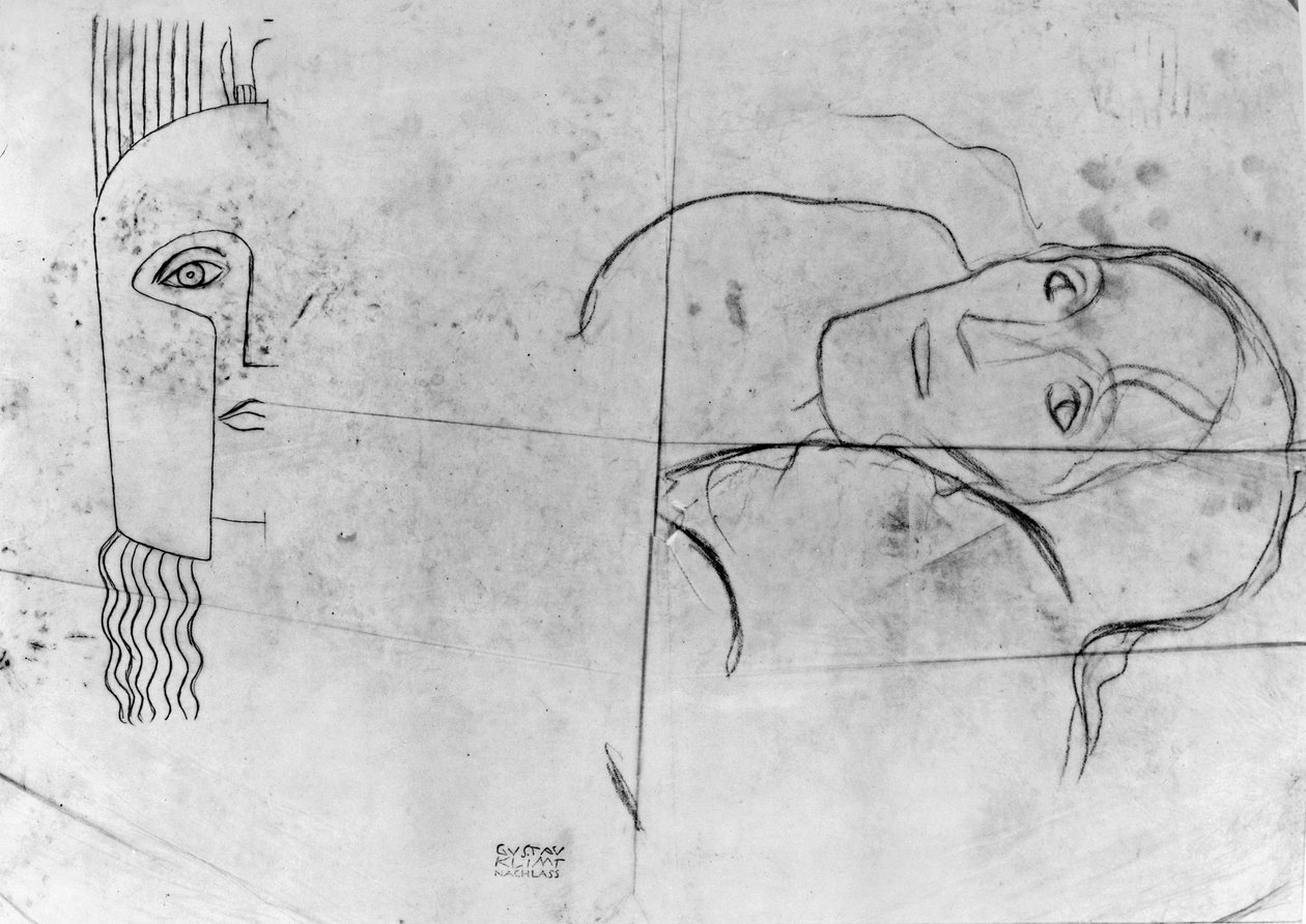 Studier for Ver Sacrum 1900 - Pallas Athene and a Tragic Head, 1897-98 (blyant og blå fargestift på kalkerpapir) av Gustav Klimt