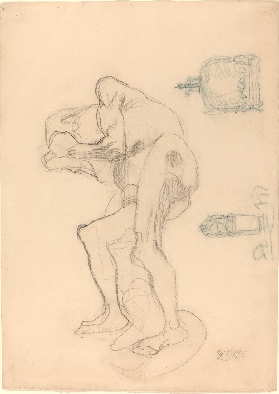 Studie av en naken gammel kvinne som knytter nevene, og to dekorative gjenstander av Gustav Klimt