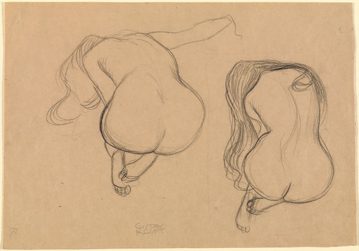 To studier av en sittende akt med langt hår av Gustav Klimt