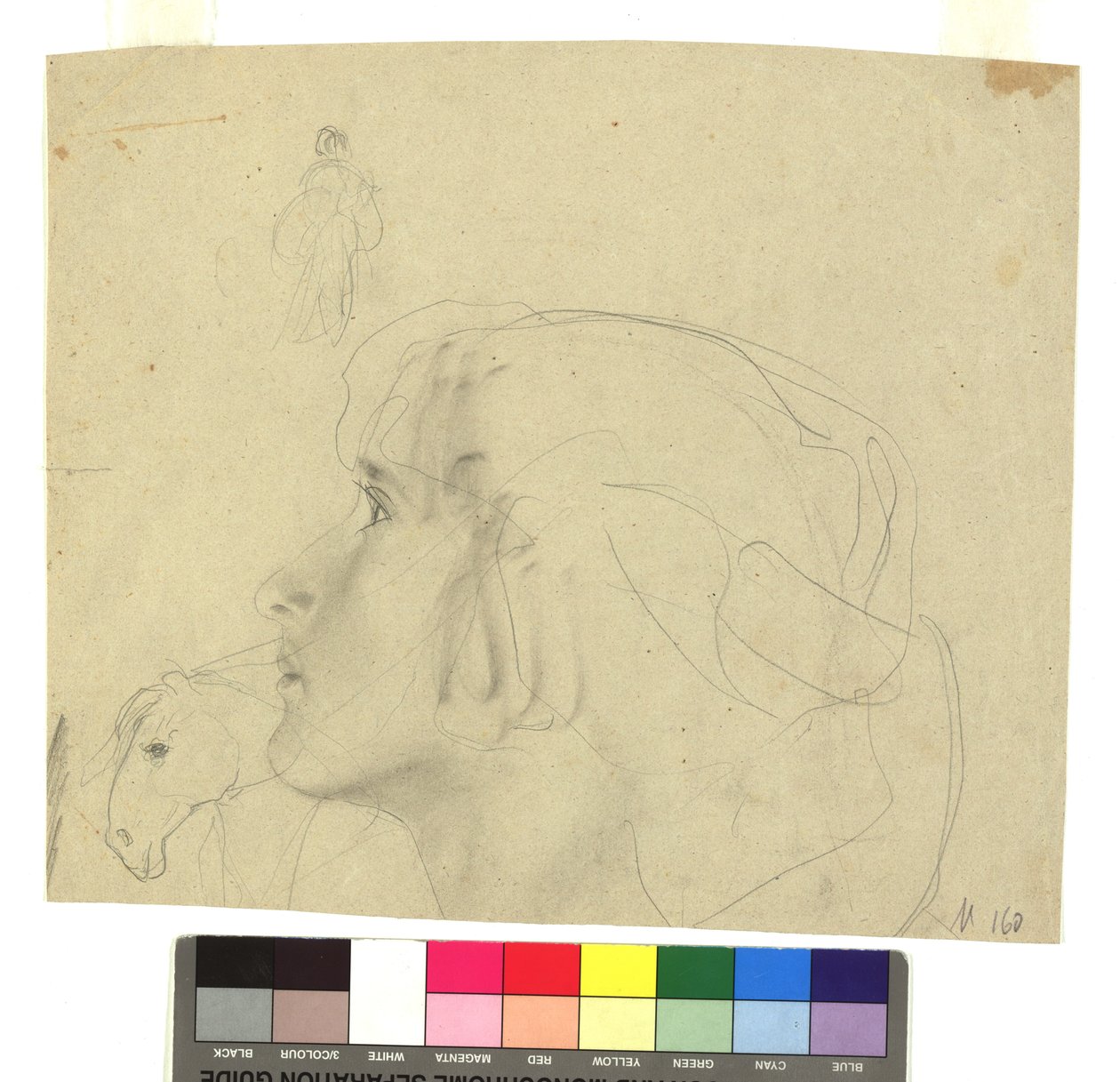 Weiblicher Kopf im Profil nach links, Pferdekopf im Profil, Figurenstudie av Gustav Klimt