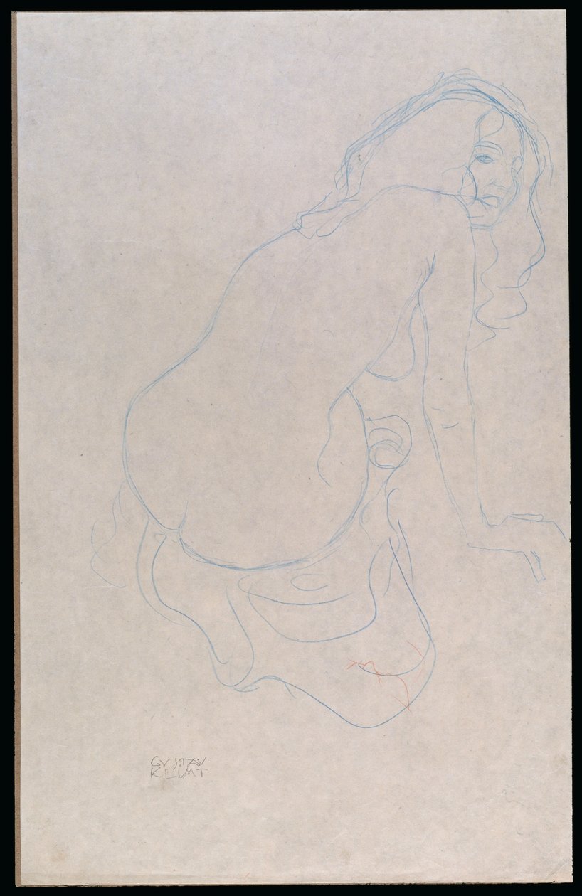 Kvinne som lener seg til høyre med langt hår, ca. 1910-11 av Gustav Klimt