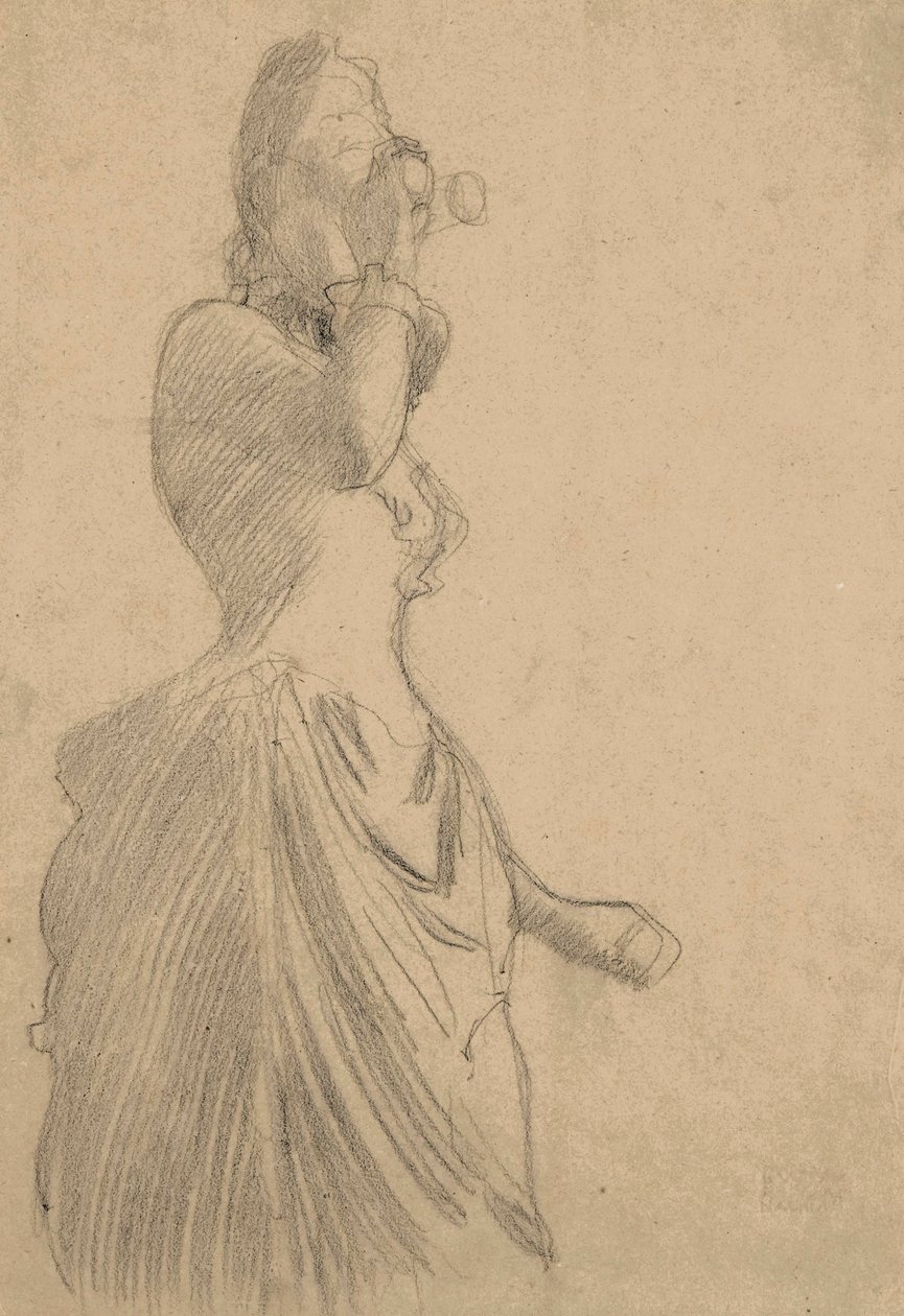 Kvinne med kikkert, ca. 1888 (svart kritt på tonet papir) av Gustav Klimt