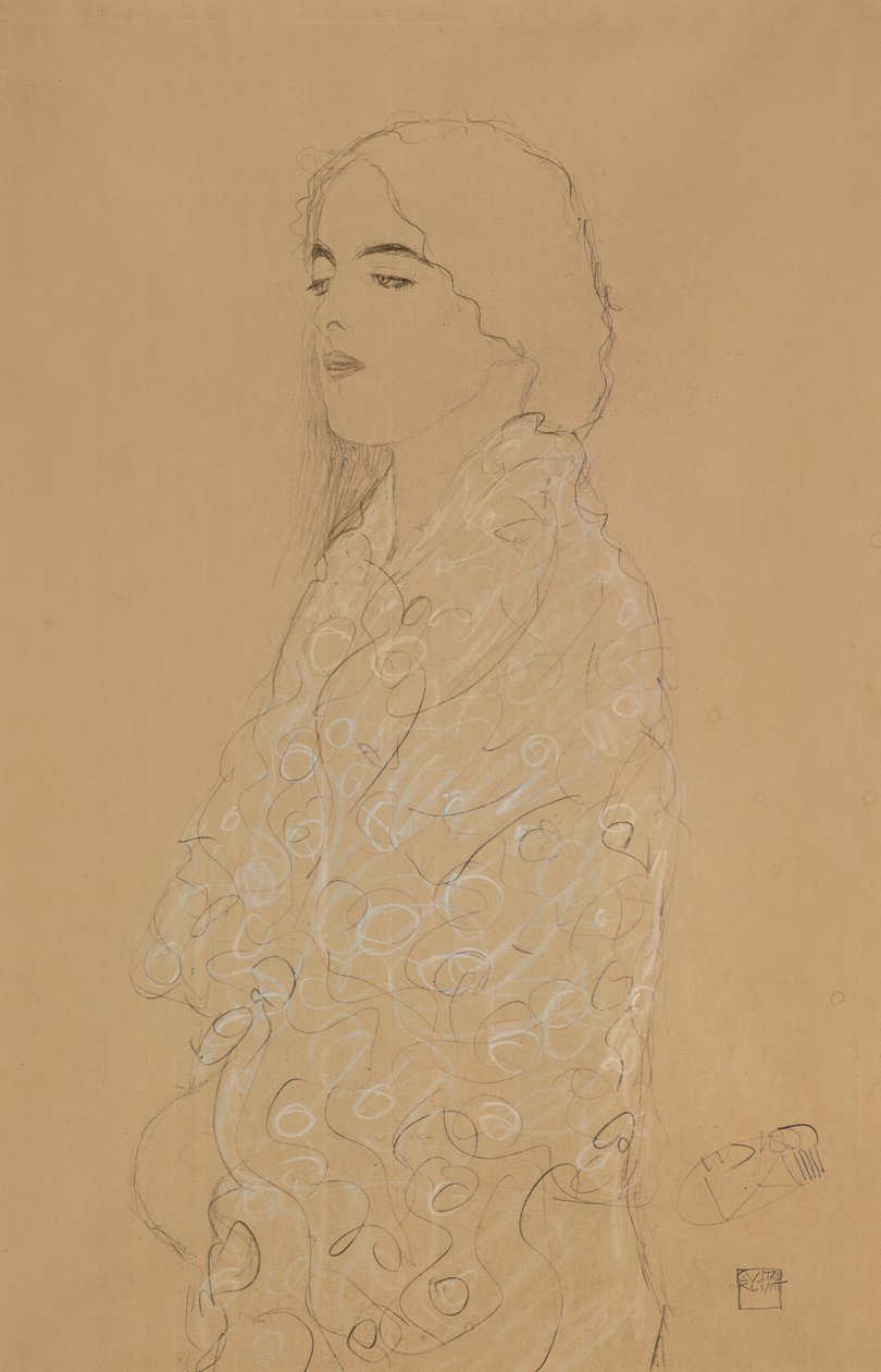 Kvinne med hvitt sjal (blyant med hvitt og rødt kritt på papir) av Gustav Klimt