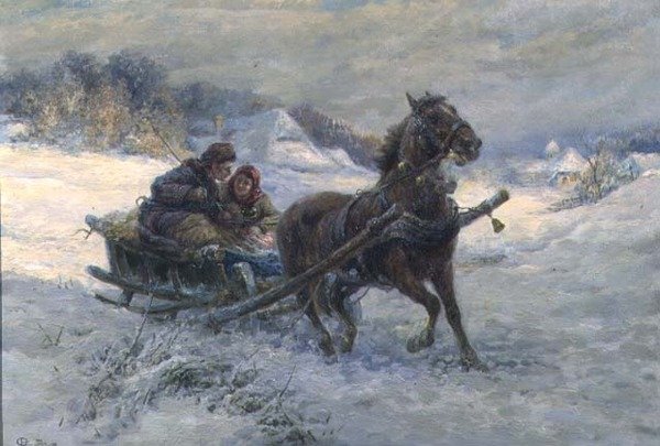 Kanefart om vinteren (olje på panel) av Gustav Prucha
